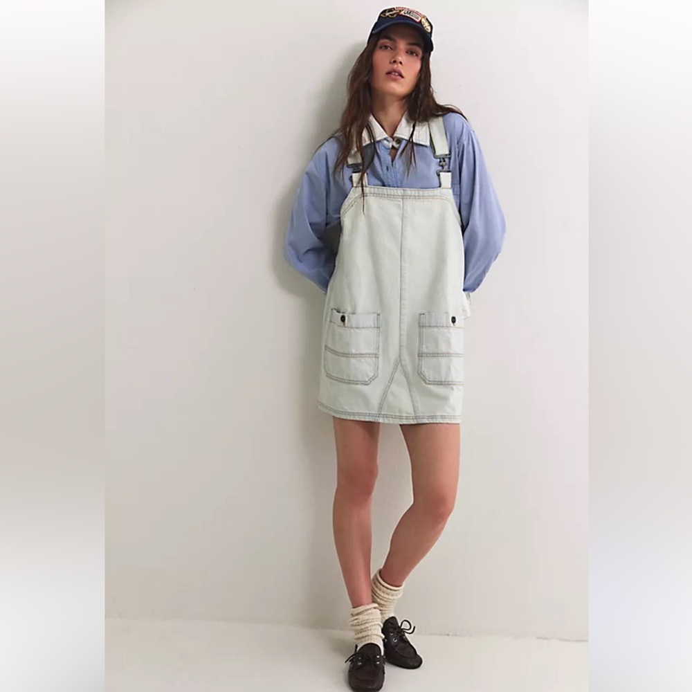 Free people smocked denim overalls pinafore dress small nwt